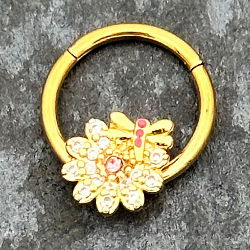 Vintage Style Nose Rings -16 Gauge 3/8 Clear Pink Gem Gold Tone Flower Bug Hinged Segment Ring Vintage Style Nose Rings -16 Gauge 3/8 Clear Pink Gem Gold Tone Flower Bug Hinged Segment Ring