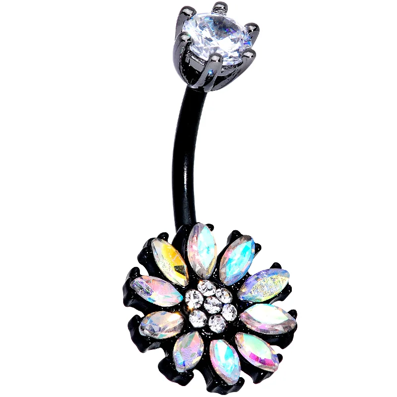 Beautiful Belly Rings for Glamorous Touch -Clear Aurora CZ Gem Black Plated Flower Belly Ring Beautiful Belly Rings for Glamorous Touch -Clear Aurora CZ Gem Black Plated Flower Belly Ring