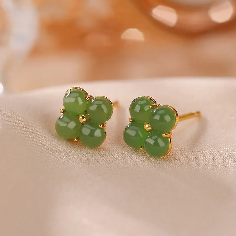 Women's Earrings – Elegant Designs for Every Personality--Buddha Stones 925 Sterling Silver Plated Gold Natural Cyan Jade Four Leaf Clover Luck Stud Earrings