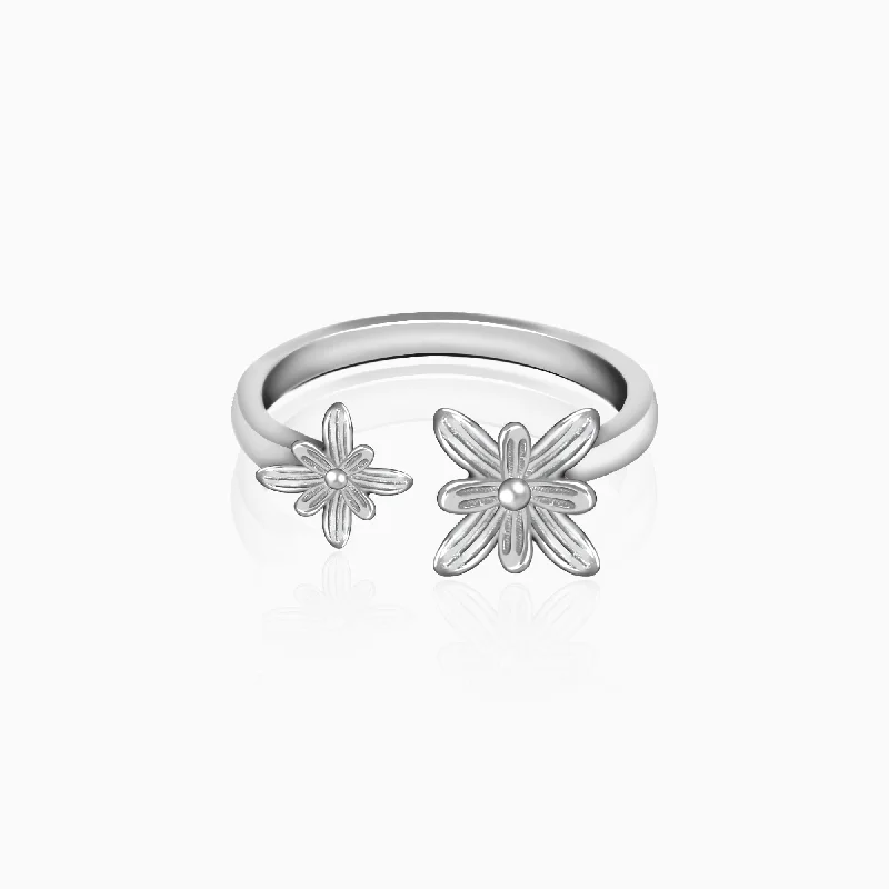 Chic Women's Rings for Fashion-Forward Looks-Silver Dual Blooming Flower Ring