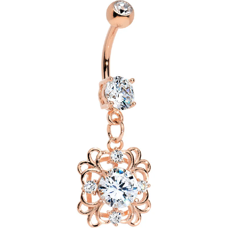 Comfortable Belly Rings for Casual Looks -Clear CZ Gem Rose Gold Plated Steel Blooming Flower Dangle Belly Ring