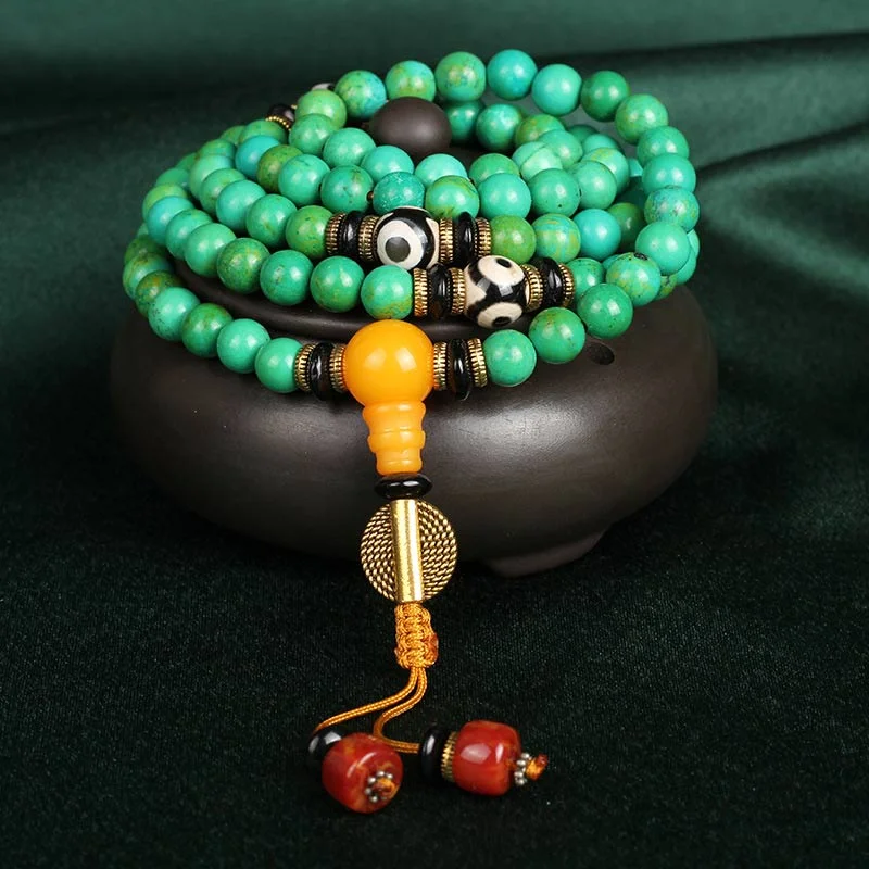 Stainless Steel Bracelet for Men with Engraving-Buddha Stones Tibetan Turquoise Mala Balance Necklace Bracelet