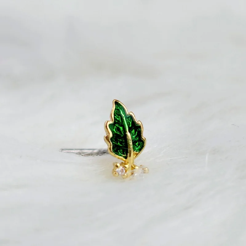 Customizable Nose Rings -20 Gauge 7mm Clear Gem Green Leaf Golden L Shape Nose Ring