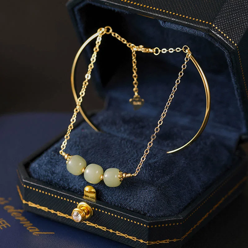 Stylish Stone Bangles for Women-Buddha Stones Copper Plated Gold Hetian Jade Bead Luck Double Layer Bracelet Bangle
