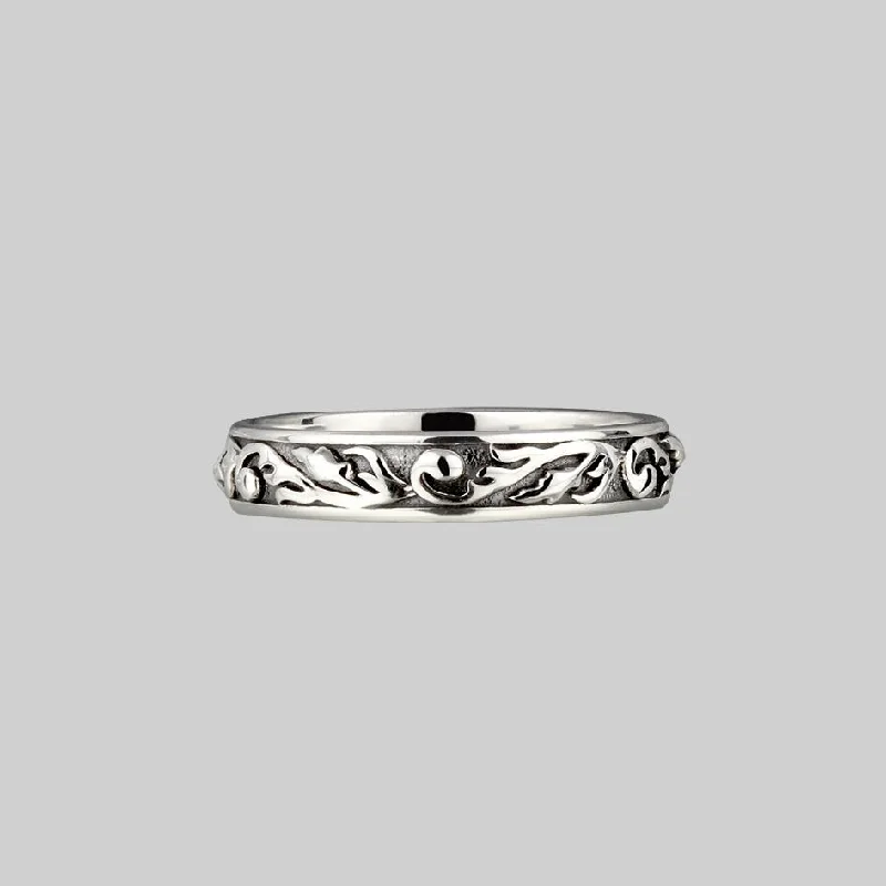 Chic Women's Rings for Fashion-Forward Looks-NOTORIETY. Ornate Band Ring - Silver