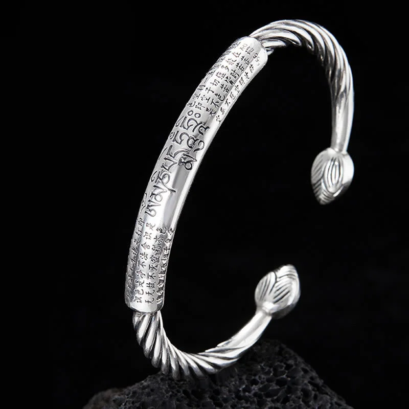 Men's Bracelets with Minimalist Charms-Buddha Stones 999 Sterling Silver Six True Words Heart Sutra Braided Design Lotus Protection Bracelet Bangle Men's Bracelets with Minimalist Charms-Buddha Stones 999 Sterling Silver Six True Words Heart Sutra Braided Design Lotus Protection Bracelet Bangle