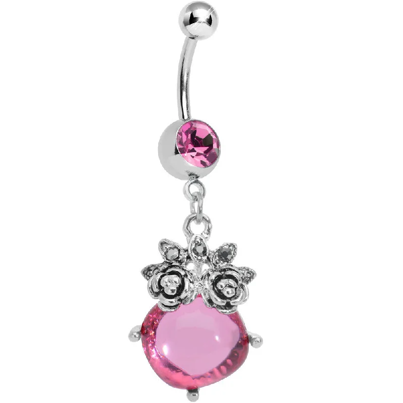 Comfortable Belly Rings for Perfect Fit -Pink Gem Luminous Orb Victorian Roses Dangle Belly Ring