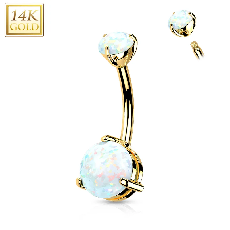 Trendy Belly Rings for Dazzling Fashion -14kt Solid Yellow Gold Double Prong Set Synthetic Opal Belly Ring Trendy Belly Rings for Dazzling Fashion -14kt Solid Yellow Gold Double Prong Set Synthetic Opal Belly Ring