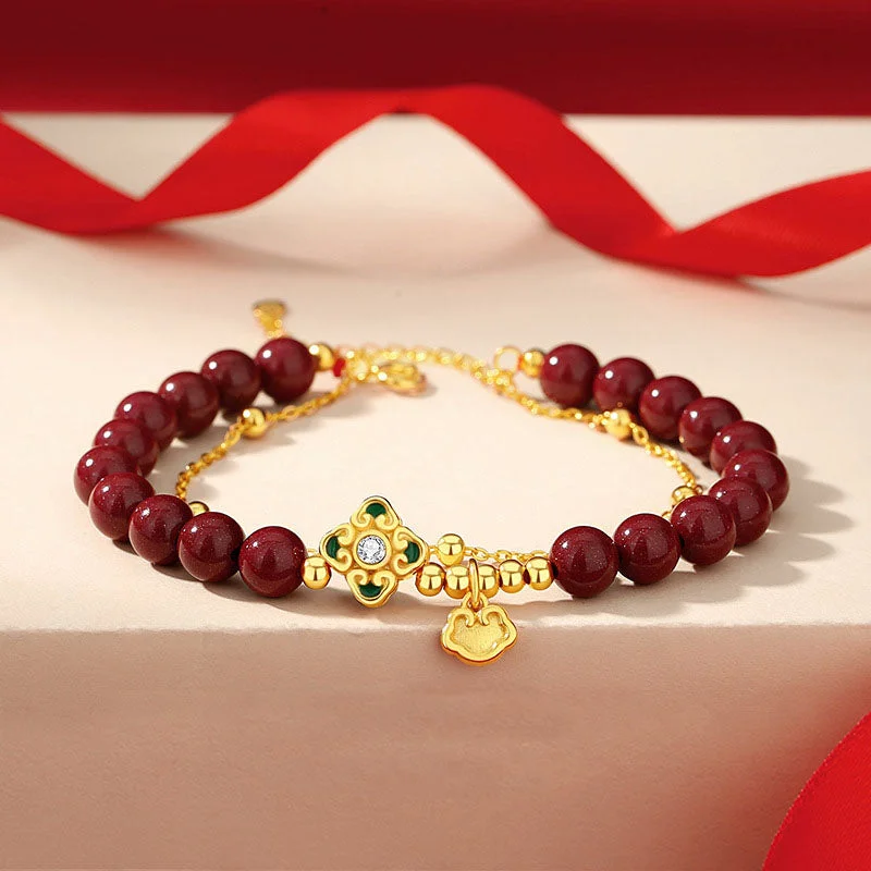 Women's Bangles with Matching Earrings-Buddha Stones 925 Sterling Silver Natural Cinnabar Four Leaf Clover Flower Blessing Chain Bracelet Women's Bangles with Matching Earrings-Buddha Stones 925 Sterling Silver Natural Cinnabar Four Leaf Clover Flower Blessing Chain Bracelet