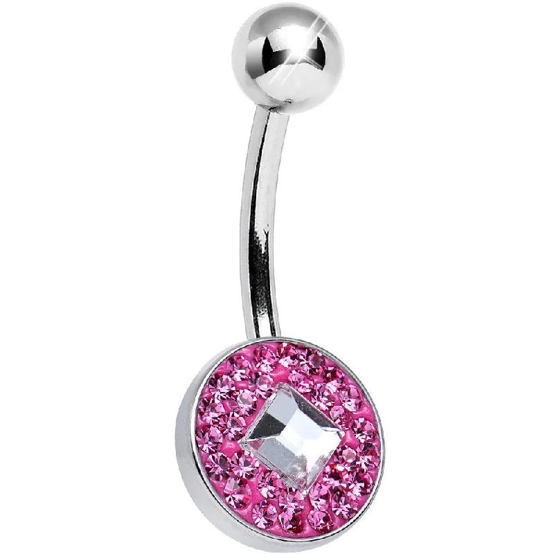 Belly Rings with Simple and Elegant Designs -Pink Gem Medallion with Clear Gem Diamond Core Belly Ring
