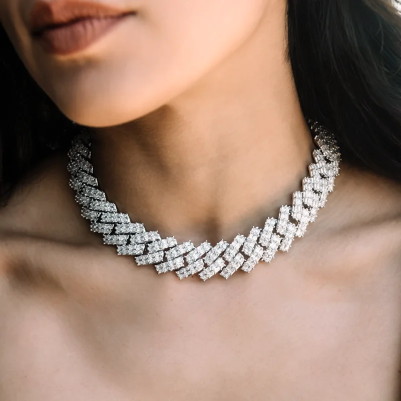 Shop Classic Women's Necklaces & Pendants with a Modern Twist-Baguette Prong Set Cuban Necklace in White Gold- 19mm Shop Classic Women's Necklaces & Pendants with a Modern Twist-Baguette Prong Set Cuban Necklace in White Gold- 19mm