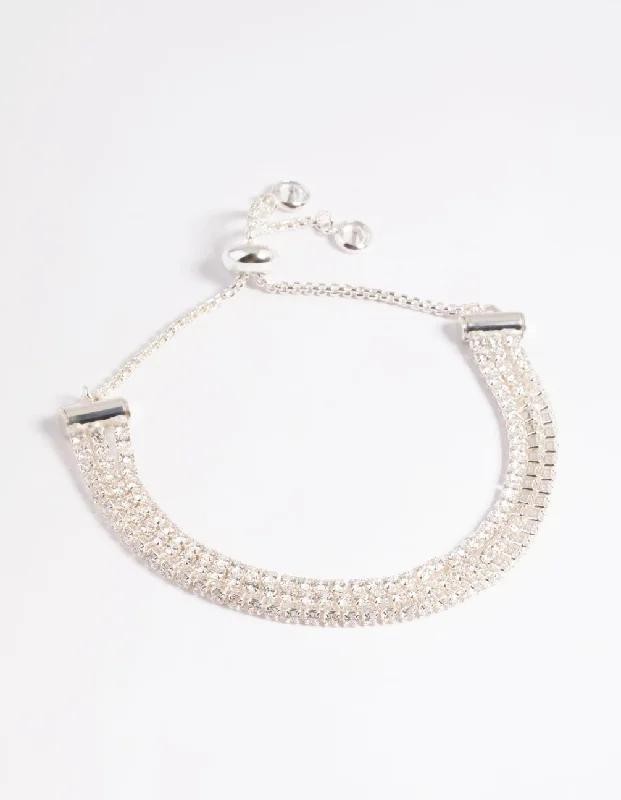 Modern Silver Bangles for Women-Cubic Zirconia Triple Row Cupchain Toggle Tennis Bracelet