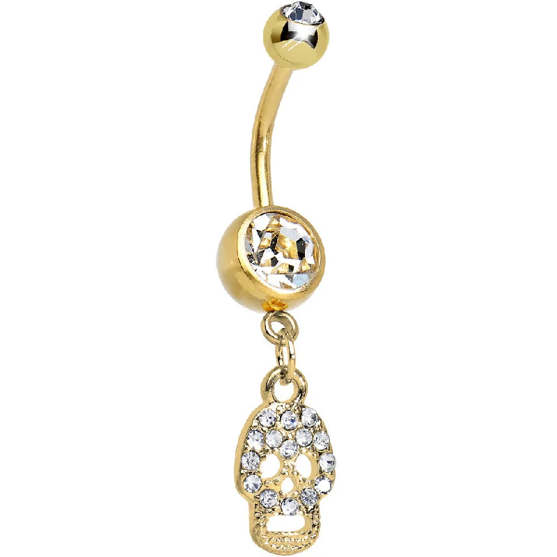 Trendy Belly Rings for Modern Fashionistas -Crystalline Gem Paved Gold Plated Jolly Skull Dangle Belly Ring Trendy Belly Rings for Modern Fashionistas -Crystalline Gem Paved Gold Plated Jolly Skull Dangle Belly Ring