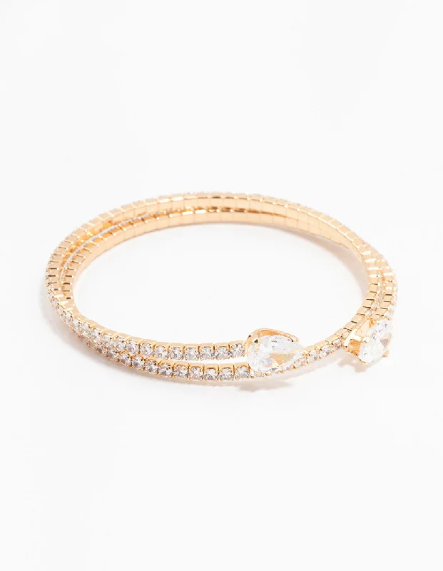 Trendy Bangles for Women-Gold Double Pointed Cubic Zirconia Bangle Bracelet