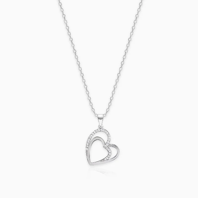 Shop Classic Women's Necklaces & Pendants with a Modern Twist-Silver Zircon Double Heart Pendant with Link Chain Shop Classic Women's Necklaces & Pendants with a Modern Twist-Silver Zircon Double Heart Pendant with Link Chain