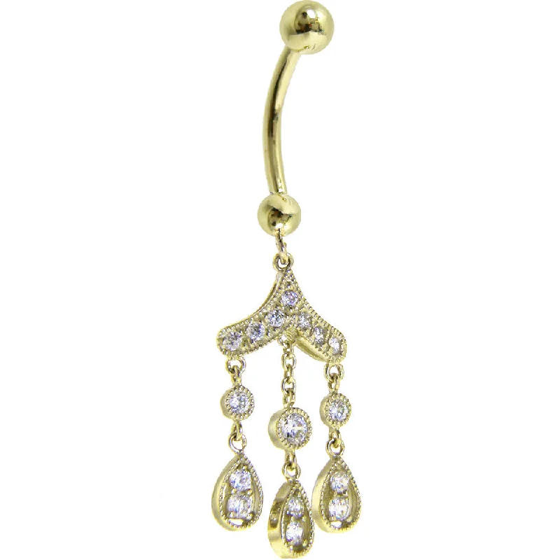 Beautiful Belly Rings for Elegant Style -16 Gauge Solid 14KT Yellow Gold CZ Gem CHANDELIER Dangle Belly Ring Beautiful Belly Rings for Elegant Style -16 Gauge Solid 14KT Yellow Gold CZ Gem CHANDELIER Dangle Belly Ring
