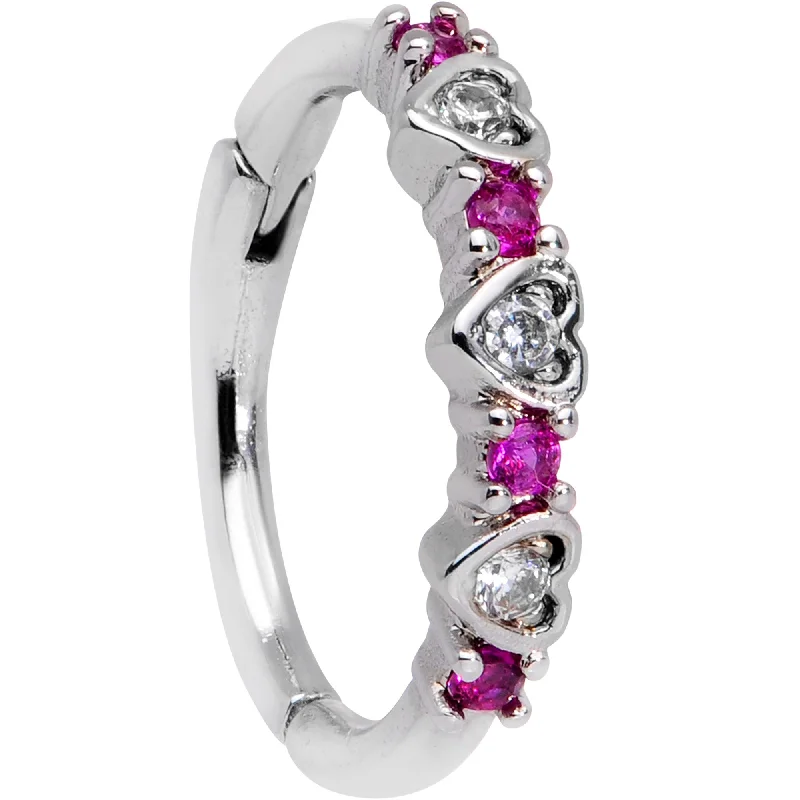 Minimalistic Nose Rings for Trendy Look -16 Gauge 3/8 Clear Pink CZ Gem Hearts Hinged Segment Ring