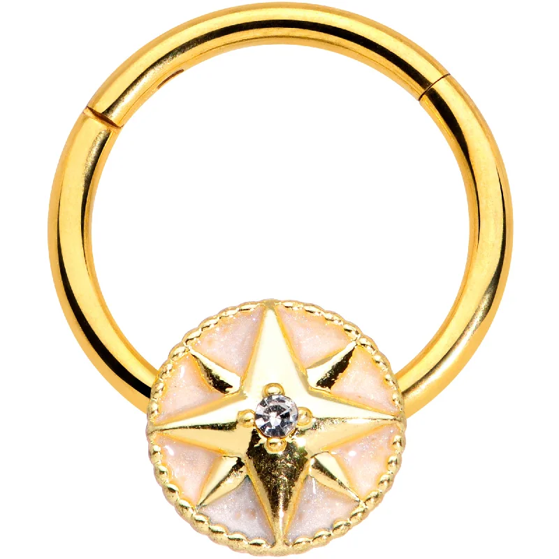 Nose Rings for Glamorous Style -16 Gauge 3/8 Clear Gem Gold Tone Sailors Compass Hinged Segment Ring Nose Rings for Glamorous Style -16 Gauge 3/8 Clear Gem Gold Tone Sailors Compass Hinged Segment Ring