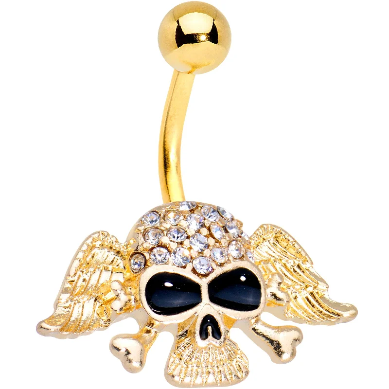 Belly Rings with Vibrant Gems for Bold Style -Clear Gem Gold Tone Anodized Flying Skull Belly Ring Belly Rings with Vibrant Gems for Bold Style -Clear Gem Gold Tone Anodized Flying Skull Belly Ring
