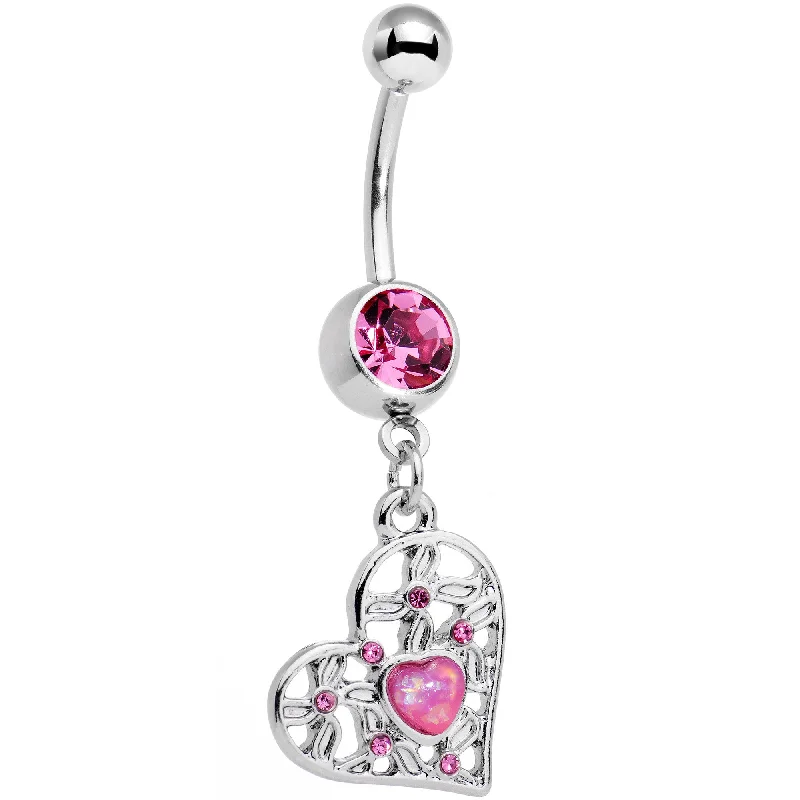 Trendy Belly Rings with Chic Finish -Pink Faux Opal Pink Gem Sea Heart Dangle Belly Ring Trendy Belly Rings with Chic Finish -Pink Faux Opal Pink Gem Sea Heart Dangle Belly Ring