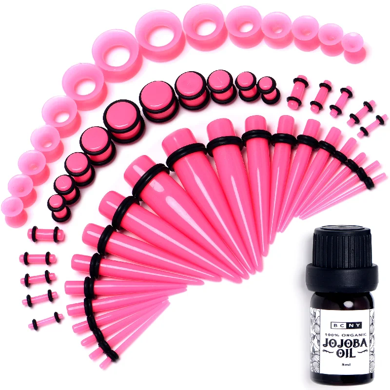 Women's Earrings – Elegant Designs for Every Personality--14 Gauge to 1/2 Pink Acrylic 54 Piece Ear Stretching Kit with Jojoba Oil