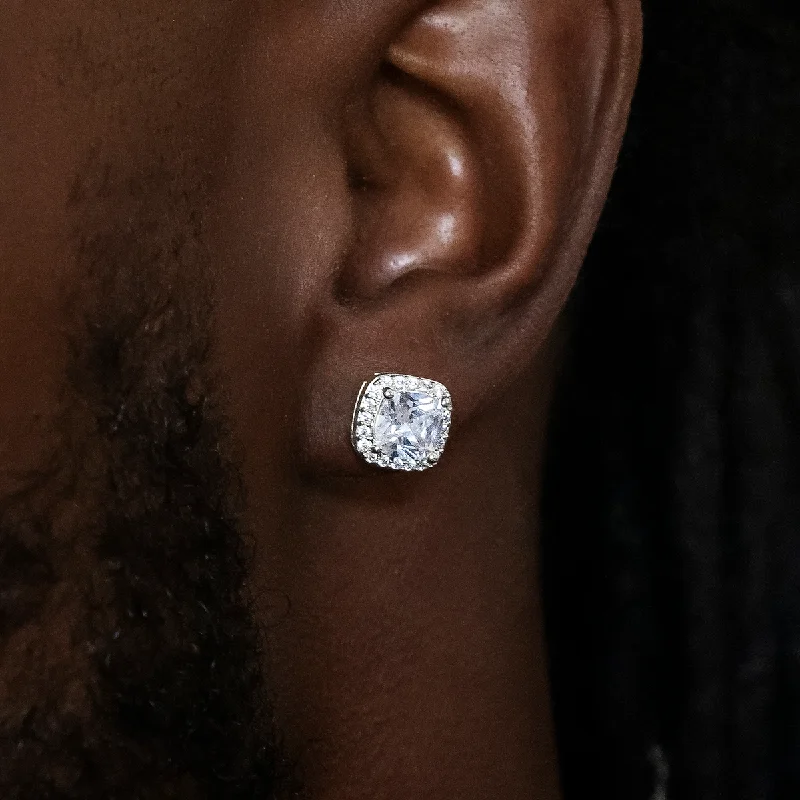 Shop Durable Men's Earrings for Everyday Wear-10mm Cushion Cut Earrings in White Gold Shop Durable Men's Earrings for Everyday Wear-10mm Cushion Cut Earrings in White Gold