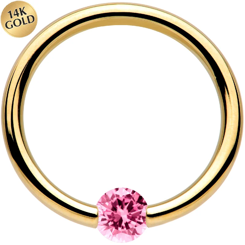 Durable Lip Rings for Long-Lasting Wear16 Gauge 3/8 Solid 14k Yellow Gold 3mm Pink Cubic Zirconia Tension Captive Ring