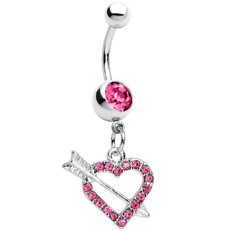 Belly Rings with Vibrant Colors for Bold Style -Pink Paved Impaled Heart Dangle Belly Ring Belly Rings with Vibrant Colors for Bold Style -Pink Paved Impaled Heart Dangle Belly Ring