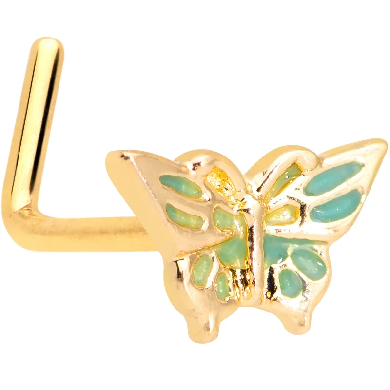 Lightweight Nose Rings -20 Gauge 7mm Gold Tone Green Inlay Butterfly L Shaped Nose Ring Lightweight Nose Rings -20 Gauge 7mm Gold Tone Green Inlay Butterfly L Shaped Nose Ring