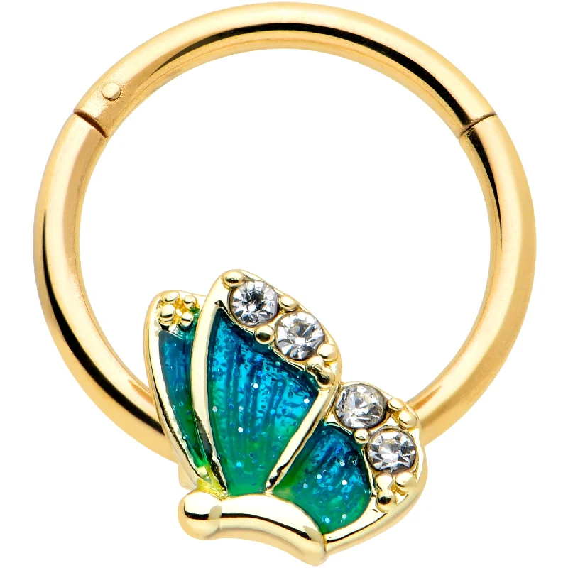 Nose Rings for Daily Use -16 Gauge 3/8 Clear Gem Gold Tone Blues Butterfly Hinged Segment Ring Nose Rings for Daily Use -16 Gauge 3/8 Clear Gem Gold Tone Blues Butterfly Hinged Segment Ring