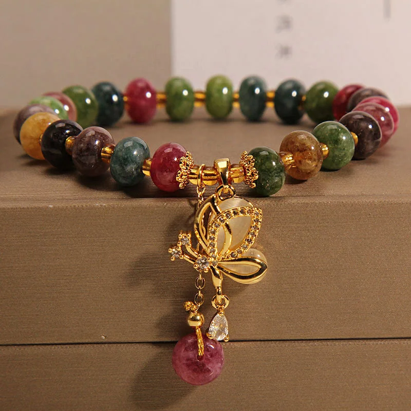 Gold Bangles for Women-Buddha Stones Colorful Tourmaline Butterfly Charm Wisdom Bracelet