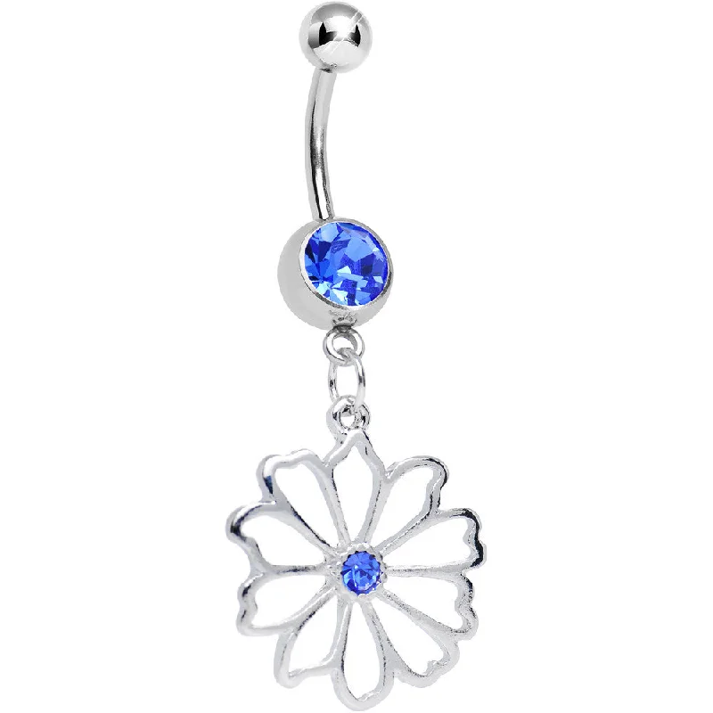 Beautiful Belly Rings with Timeless Beauty -Blue CZ Sunny Season Hollow Flower Dangle Belly Ring Beautiful Belly Rings with Timeless Beauty -Blue CZ Sunny Season Hollow Flower Dangle Belly Ring