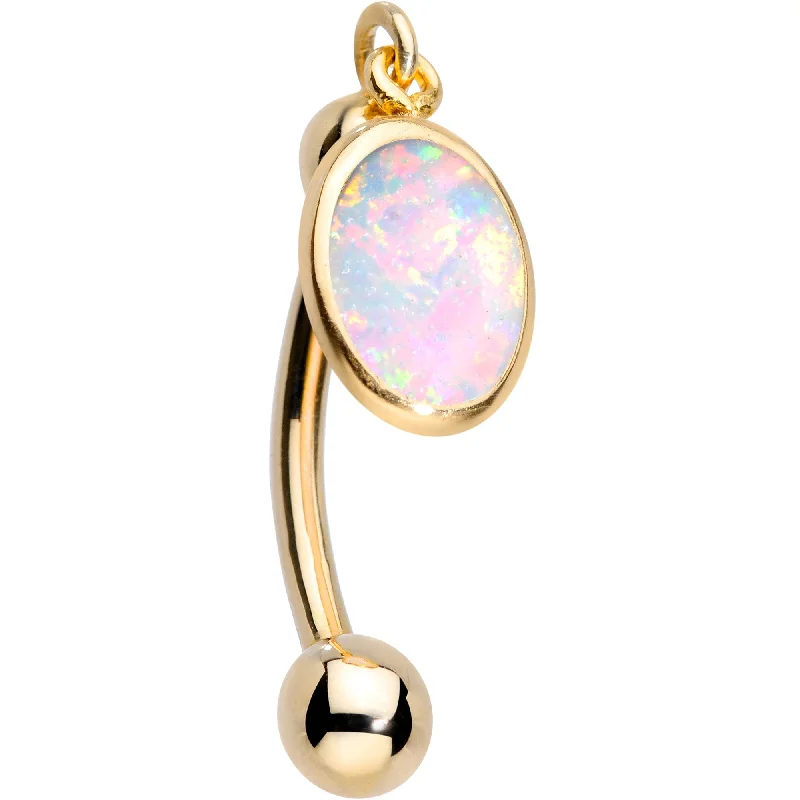 Comfortable Belly Rings with Beautiful Features -14KT Gold Handcrafted White Faux Opal Reversible Dangle Belly Ring