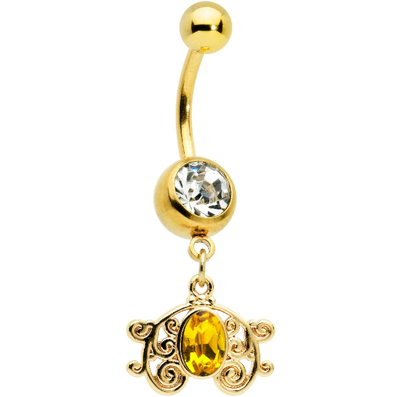 Designer Belly Rings for High-End Fashion -Clear Yellow Gold Tone Duet Scroll Dangle Belly Ring