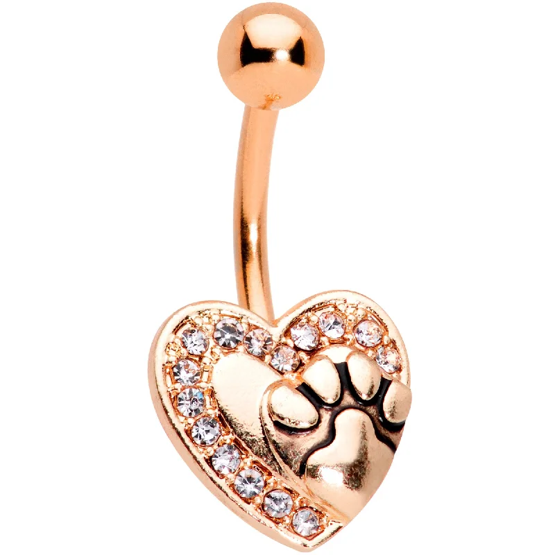 Comfortable Belly Rings with Custom Fit -Clear Gem Rose Gold Tone Dog Paw Print Heart Puppy Love Belly Ring