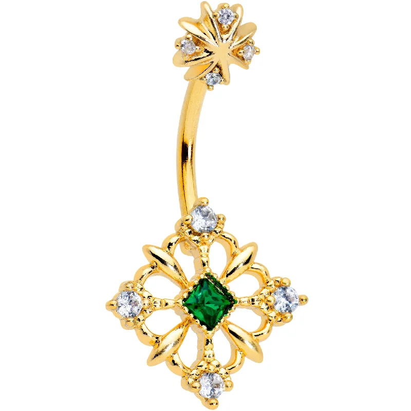 Unique Belly Rings with Personalized Features -Clear Green Gem Gold Tone Noble Square Double Mount Belly Ring Unique Belly Rings with Personalized Features -Clear Green Gem Gold Tone Noble Square Double Mount Belly Ring