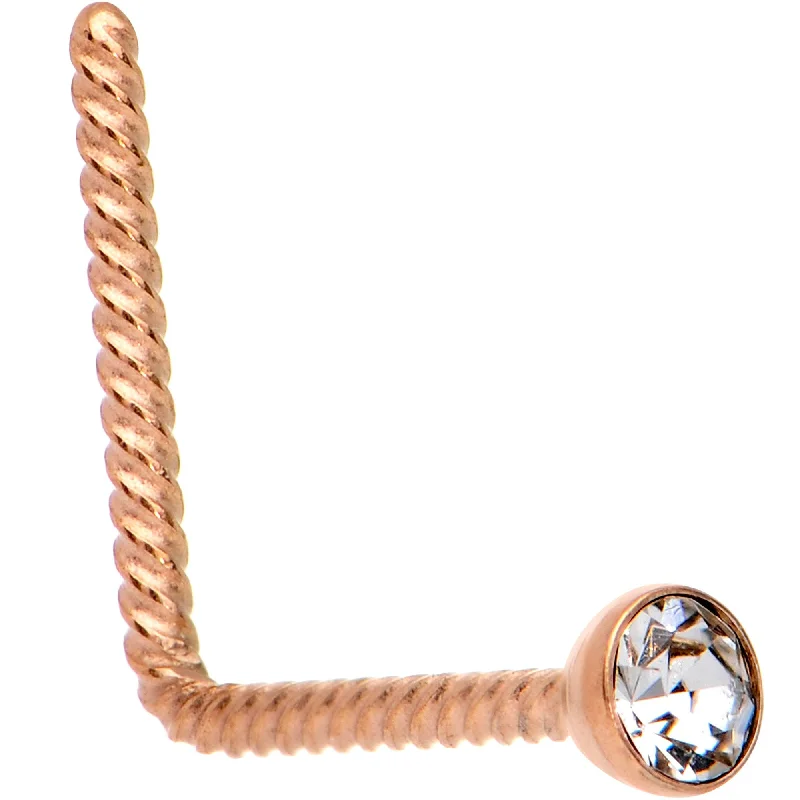 Tiny Nose Rings -Clear 2mm Gem Inlay Rose Gold IP So Twisted L Shaped Nose Ring