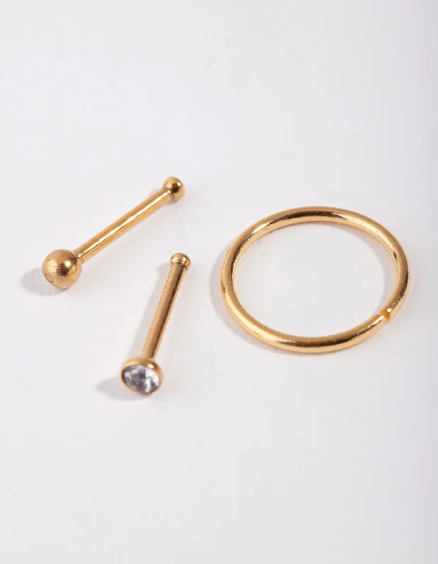 Chic Nose Rings for Fashionistas -Gold Ball & Diamante Nose Ring & Stud Pack