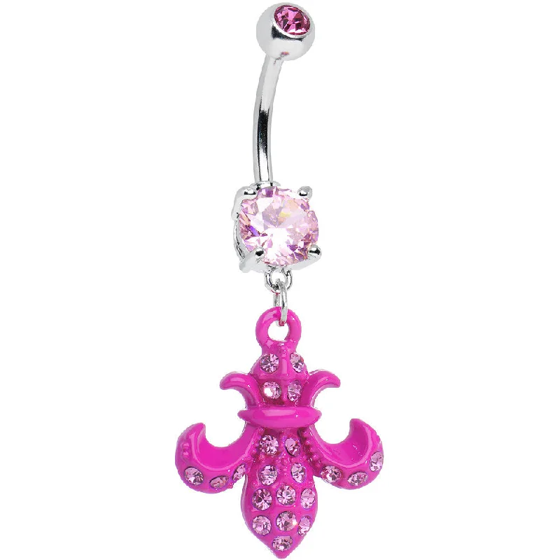 Belly Rings for Casual Fashion -Pink Gem Hot Pink Flipped Fleur de Lis Dangle Belly Ring Belly Rings for Casual Fashion -Pink Gem Hot Pink Flipped Fleur de Lis Dangle Belly Ring