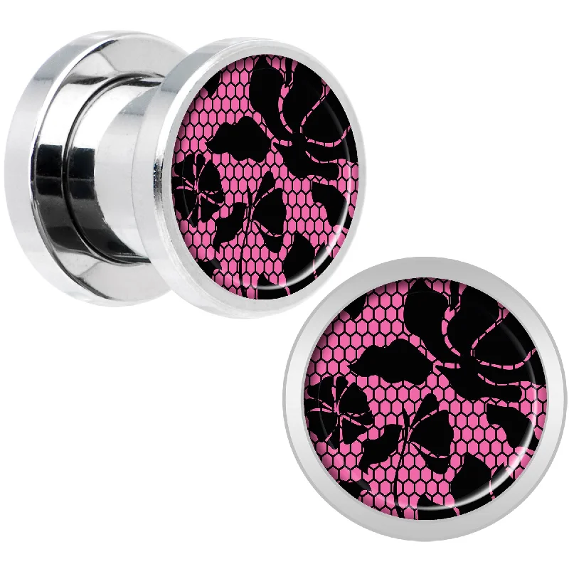 Women's Earrings – Elegant Designs for Every Personality--Pink Floral Lace Steel Screw Fit Plug Set 0 Gauge Women's Earrings – Elegant Designs for Every Personality--Pink Floral Lace Steel Screw Fit Plug Set 0 Gauge
