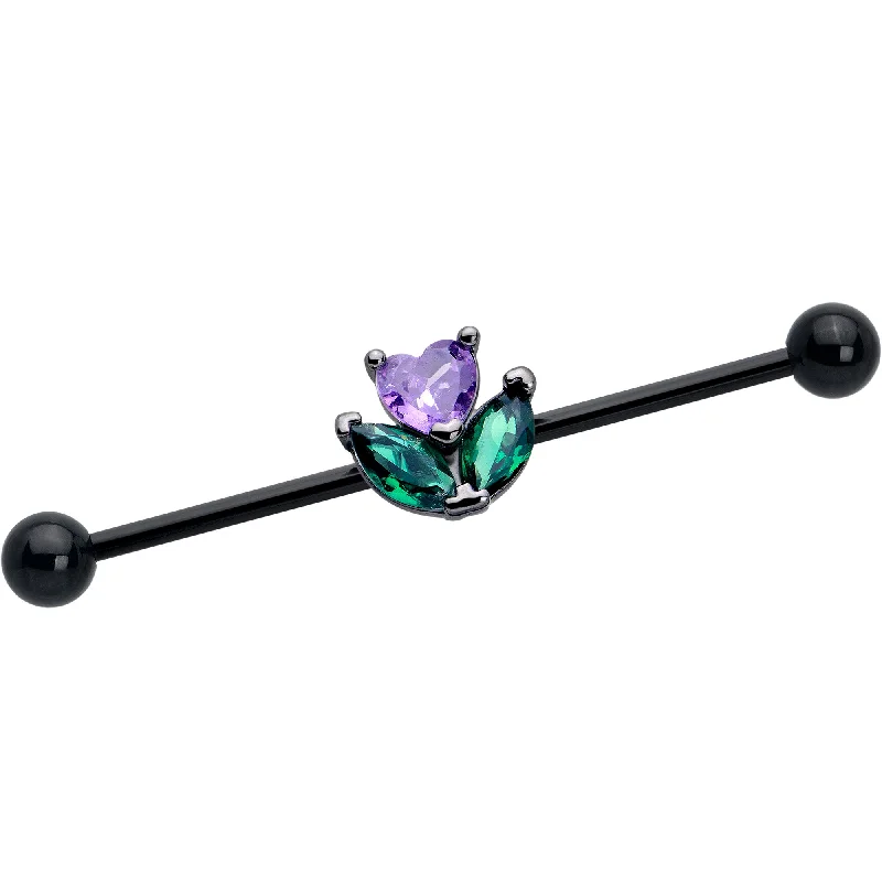 Women's Earrings – Elegant Designs for Every Personality--14 Gauge Purple Green CZ Gem Black Love Flower Industrial Barbell 38mm