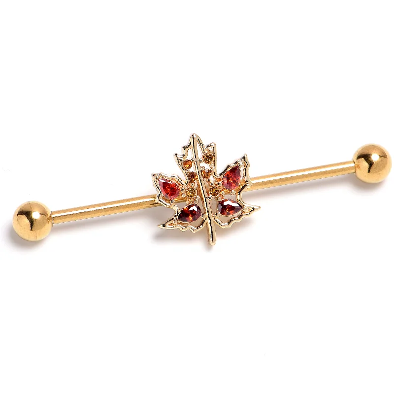 Women's Earrings – Elegant Designs for Every Personality--14 Gauge Red Yellow Gem Gold Tone Maple Leaf Industrial Barbell 38mm