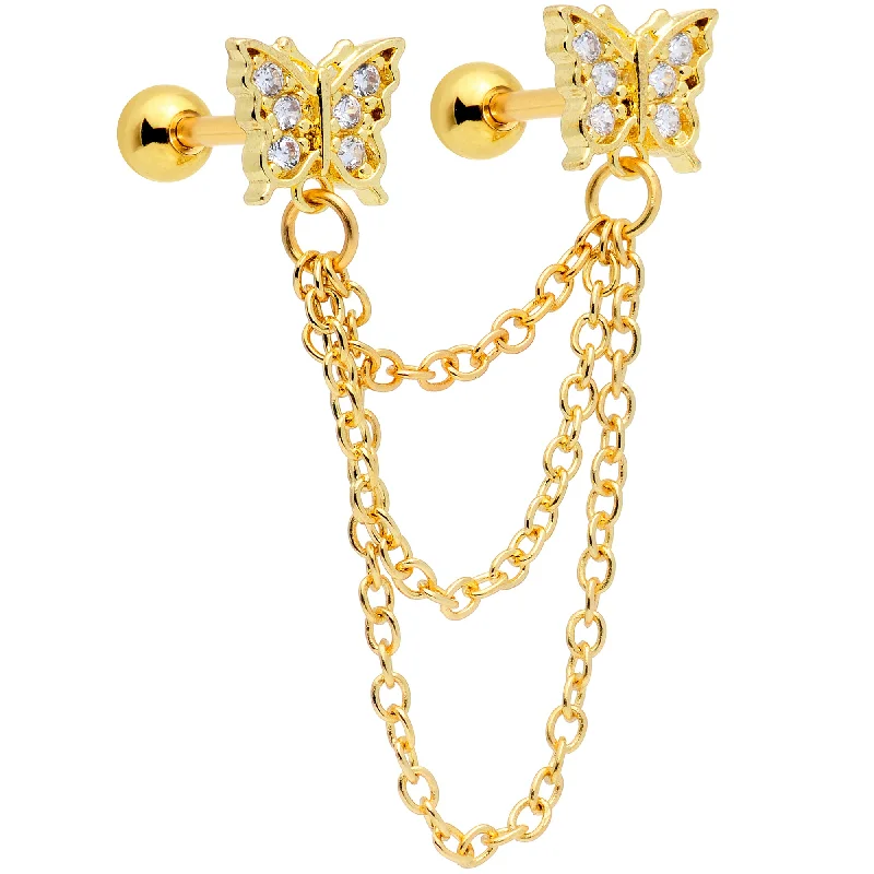 Women's Earrings – Elegant Designs for Every Personality--16 Gauge 1/4 Clear CZ Gem Gold Tone Butterfly Dangle Chain Earring