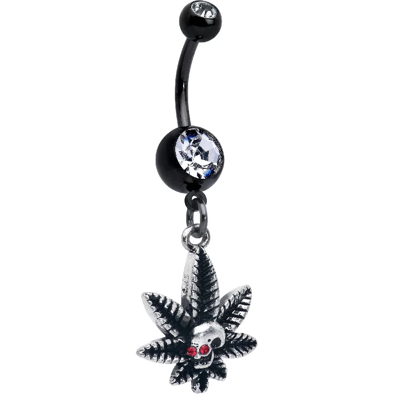Comfortable Belly Rings with Adjustable Fit -Clear Red Gem Black Pot Leaf Skull Dangle Belly Ring Comfortable Belly Rings with Adjustable Fit -Clear Red Gem Black Pot Leaf Skull Dangle Belly Ring