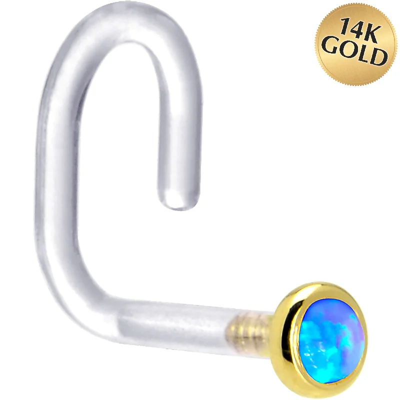 Nose Rings with Metal Detailing -18 Gauge 1/4 Yellow Gold 2mm Blue Synthetic Opal Bioplast Nose Ring Nose Rings with Metal Detailing -18 Gauge 1/4 Yellow Gold 2mm Blue Synthetic Opal Bioplast Nose Ring