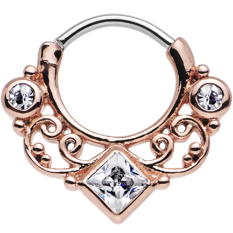 Nose Rings for Everyday Fashion and Comfort -16 Gauge 3/8 Rose Gold IP Clear CZ Lahori Palace Septum Clicker Nose Rings for Everyday Fashion and Comfort -16 Gauge 3/8 Rose Gold IP Clear CZ Lahori Palace Septum Clicker