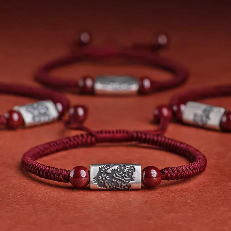 Colorful Bangles for Women-Buddha Stones 925 Sterling Silver 12 Chinese Zodiac Cinnabar String Bracelet