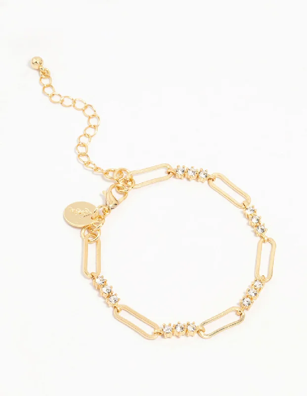 Women's Bangles with Elegant Detailing-Gold Plated Brass Alternating Trio Cubic Zirconia Rectangle Link Bracelet Women's Bangles with Elegant Detailing-Gold Plated Brass Alternating Trio Cubic Zirconia Rectangle Link Bracelet
