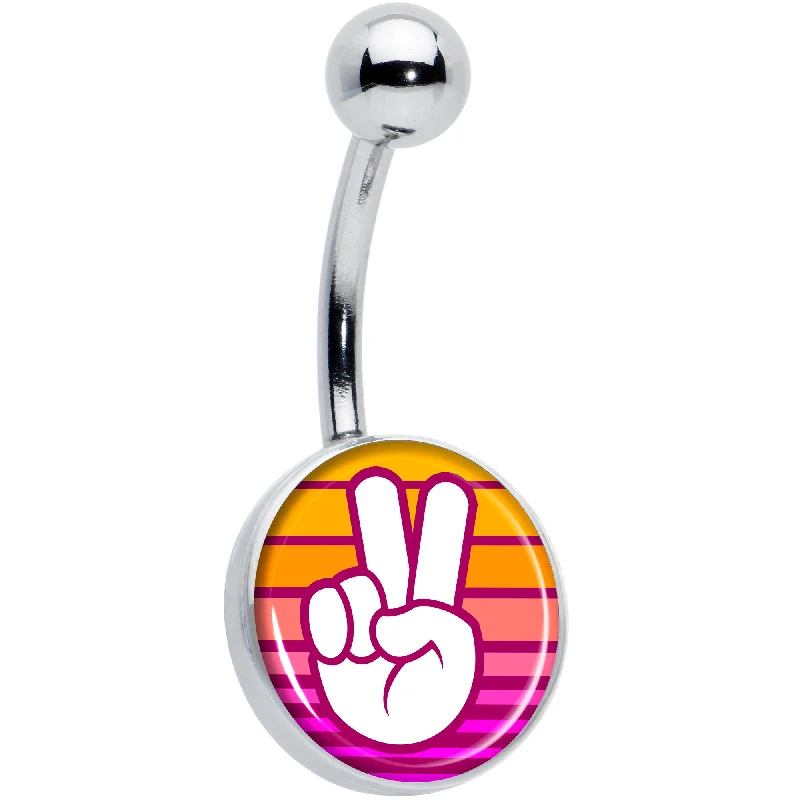 Designer Belly Rings for Unique Style -Retro Stripes Peace Sign Fingers Belly Ring