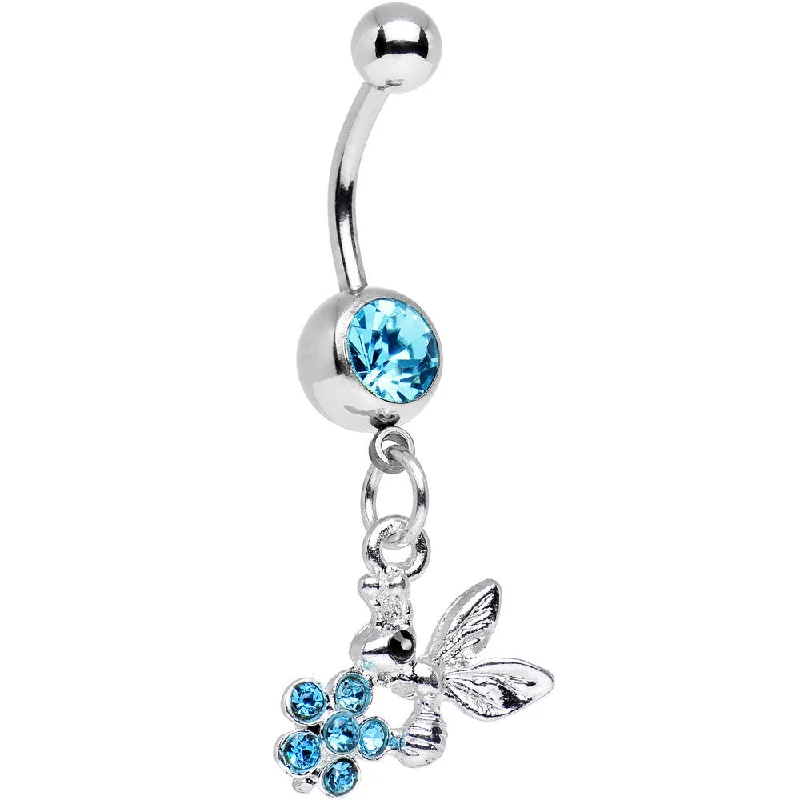 Belly Rings for Trendy Piercings -Aqua Gem Princess Honeypot Bee and Flashy Flower Dangle Belly Ring Belly Rings for Trendy Piercings -Aqua Gem Princess Honeypot Bee and Flashy Flower Dangle Belly Ring